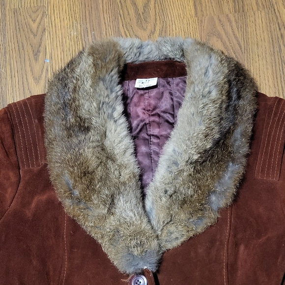 70s Vtg Suede Leather Full Length Coat w/ Real Fur Collar Size 17 Fits 10 C71 - Picture 4 of 13